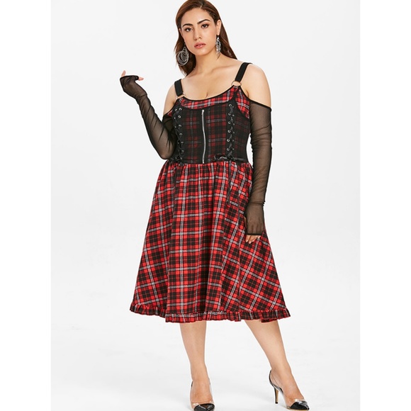 ♠ Plus Size Goth Punk Lace Up Plaid Dress ♠ - Picture 2 of 8